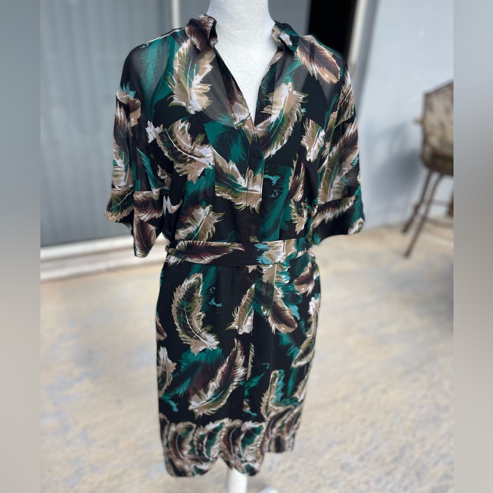 W118 by Walter Baker Black and Green Feather Print Dress